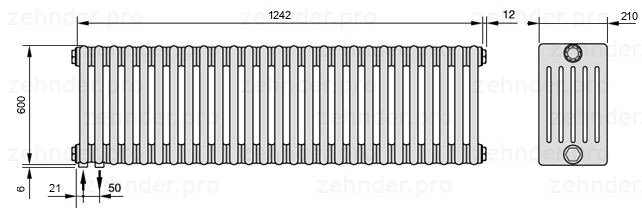 Схема (чертеж) Радиатор Zehnder Charleston 6060/27 №3370 Белый глянцевый RAL 9016